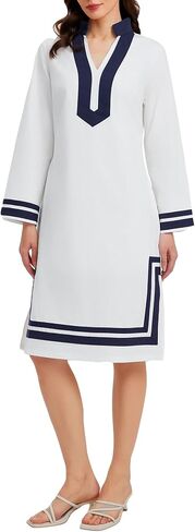 Ladyful Summer Cotton Shift Dress for Women Long Sleeve Kaftan Midi Dresses Stand Collar Casual Vacation Shirtdress in Saudi Arabia