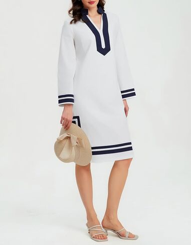 Ladyful Summer Cotton Shift Dress for Women Long Sleeve Kaftan Midi Dresses Stand Collar Casual Vacation Shirtdress in Saudi Arabia