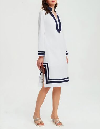 Ladyful Summer Cotton Shift Dress for Women Long Sleeve Kaftan Midi Dresses Stand Collar Casual Vacation Shirtdress in Saudi Arabia