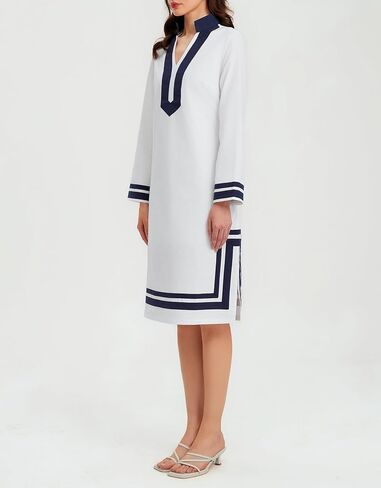 Ladyful Summer Cotton Shift Dress for Women Long Sleeve Kaftan Midi Dresses Stand Collar Casual Vacation Shirtdress in Saudi Arabia