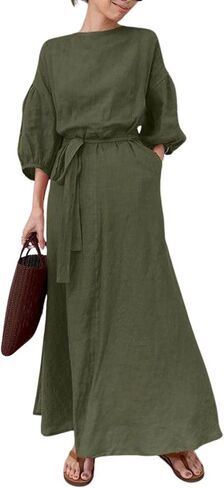 Chartou Women Elegant Long Dress Boat Neck 3/4 Lantern Sleeve Cotton City Dress مع حزام in Kuwait