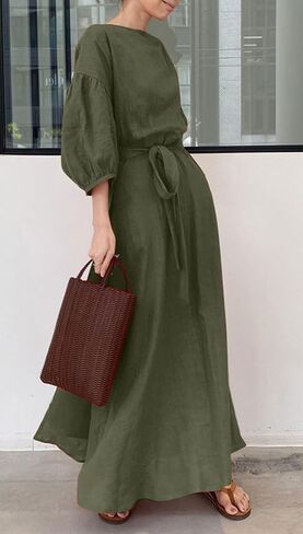 Chartou Women Elegant Long Dress Boat Neck 3/4 Lantern Sleeve Cotton City Dress مع حزام in Kuwait