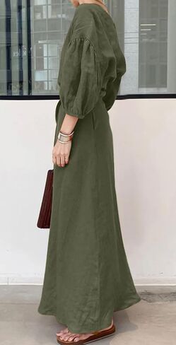 Chartou Women Elegant Long Dress Boat Neck 3/4 Lantern Sleeve Cotton City Dress مع حزام in Kuwait