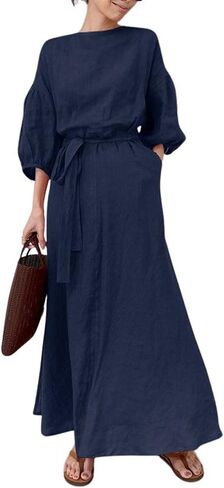 Chartou Women Elegant Long Dress Boat Neck 3/4 Lantern Sleeve Cotton City Dress مع حزام in Kuwait
