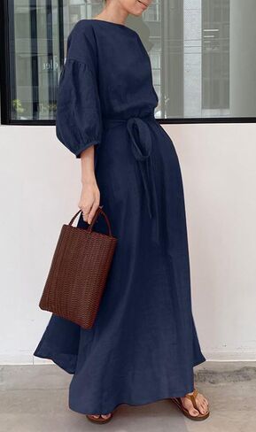 Chartou Women Elegant Long Dress Boat Neck 3/4 Lantern Sleeve Cotton City Dress مع حزام in Kuwait