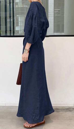 Chartou Women Elegant Long Dress Boat Neck 3/4 Lantern Sleeve Cotton City Dress مع حزام in Kuwait