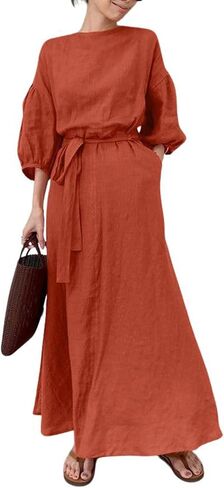 Chartou Women Elegant Long Dress Boat Neck 3/4 Lantern Sleeve Cotton City Dress مع حزام in Saudi Arabia
