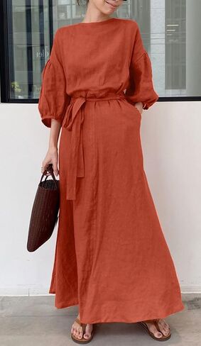 Chartou Women Elegant Long Dress Boat Neck 3/4 Lantern Sleeve Cotton City Dress مع حزام in Saudi Arabia