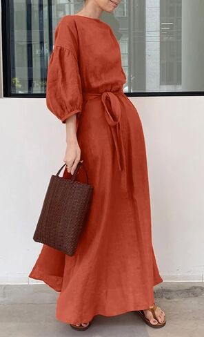 Chartou Women Elegant Long Dress Boat Neck 3/4 Lantern Sleeve Cotton City Dress مع حزام in Saudi Arabia