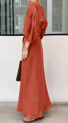 Chartou Women Elegant Long Dress Boat Neck 3/4 Lantern Sleeve Cotton City Dress مع حزام in Saudi Arabia