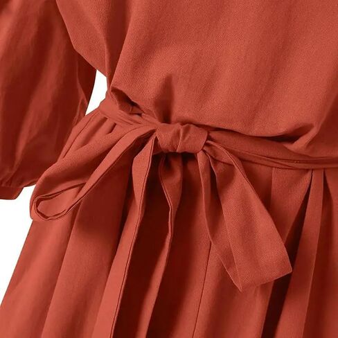 Chartou Women Elegant Long Dress Boat Neck 3/4 Lantern Sleeve Cotton City Dress مع حزام in Saudi Arabia