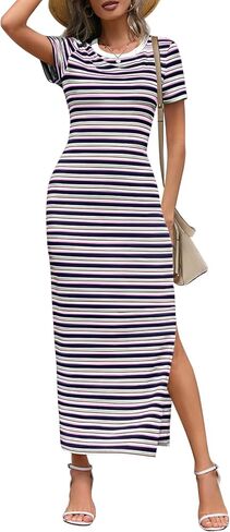 MEROKEETY Women's 2025 Summer Spring Striped Bodycon Maxi Dress Casual Short Sleeve Ribbed Knit Slit Long T Shirt Dresses in Saudi Arabia