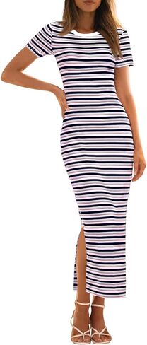 MEROKEETY Women's 2025 Summer Spring Striped Bodycon Maxi Dress Casual Short Sleeve Ribbed Knit Slit Long T Shirt Dresses in Saudi Arabia