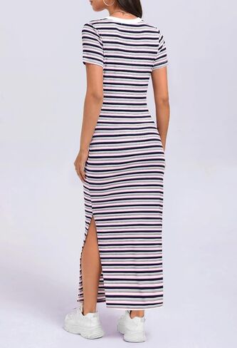MEROKEETY Women's 2025 Summer Spring Striped Bodycon Maxi Dress Casual Short Sleeve Ribbed Knit Slit Long T Shirt Dresses in Saudi Arabia