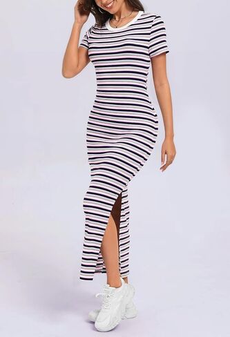 MEROKEETY Women's 2025 Summer Spring Striped Bodycon Maxi Dress Casual Short Sleeve Ribbed Knit Slit Long T Shirt Dresses in Saudi Arabia