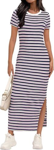 MEROKEETY Women's 2025 Summer Spring Striped Bodycon Maxi Dress Casual Short Sleeve Ribbed Knit Slit Long T Shirt Dresses in Saudi Arabia