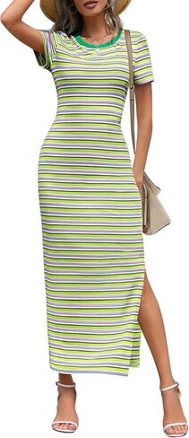 MEROKEETY Women's 2025 Summer Spring Striped Bodycon Maxi Dress Casual Short Sleeve Ribbed Knit Slit Long T Shirt Dresses in Saudi Arabia
