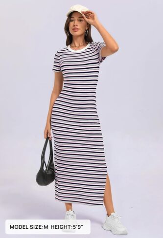 MEROKEETY Women's 2025 Summer Spring Striped Bodycon Maxi Dress Casual Short Sleeve Ribbed Knit Slit Long T Shirt Dresses in Saudi Arabia