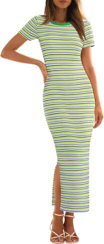MEROKEETY Women's 2025 Summer Spring Striped Bodycon Maxi Dress Casual Short Sleeve Ribbed Knit Slit Long T Shirt Dresses in Saudi Arabia