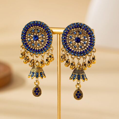 Rhinestone Jhumka Earrings for Women Bollywood Traditional Gypsy Crystal Beaded Tassel Oxidized Antique Indian Bell Jhumki Earring Drop Dangle Bohemian Ethnic Festive Party Wear Xmas Jewelry Gift in Saudi Arabia