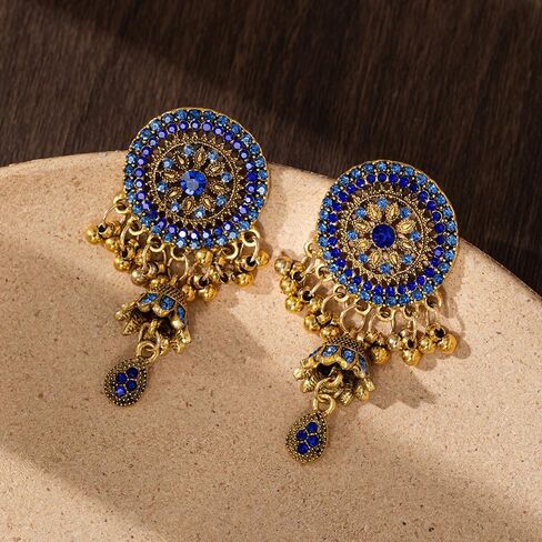 Rhinestone Jhumka Earrings for Women Bollywood Traditional Gypsy Crystal Beaded Tassel Oxidized Antique Indian Bell Jhumki Earring Drop Dangle Bohemian Ethnic Festive Party Wear Xmas Jewelry Gift in Saudi Arabia