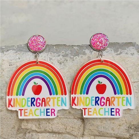 Cute Colorful Rainbow Pencil Apple Hanging Shape Acrylic Drop Dangle Lightweight Earrings Teacher Appreciation Gifts Funny Back to School Jewelry for Women in Saudi Arabia