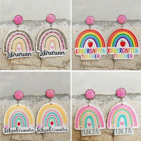 Cute Colorful Rainbow Pencil Apple Hanging Shape Acrylic Drop Dangle Lightweight Earrings Teacher Appreciation Gifts Funny Back to School Jewelry for Women in Saudi Arabia