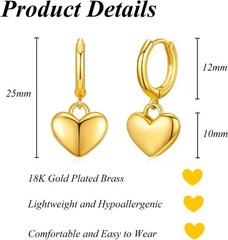 Gold Dangle Heart Earrings for Women, 18K Gold Plated Hypoallergenic Small Drop Earrings with Heart Charm Jewelry Gifts for Women in Saudi Arabia