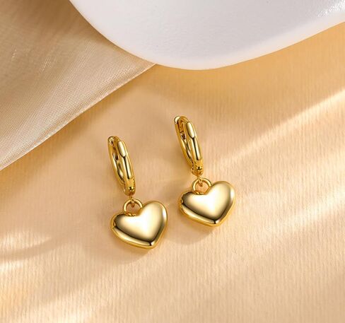 Gold Dangle Heart Earrings for Women, 18K Gold Plated Hypoallergenic Small Drop Earrings with Heart Charm Jewelry Gifts for Women in Saudi Arabia