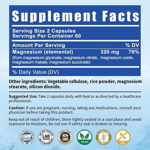 5 في 1 مجمع المغنيسيوم | 320mg من غليسينات المغنيسيوم ، Malate ، سترات ... | دعم للنوم ، والاسترخاء في العضلات ، والتمثيل الغذائي للطاقة | امتصاص عالية | نباتي ، غير المعدلة وراثيا | 120 كبسولات in Saudi Arabia
