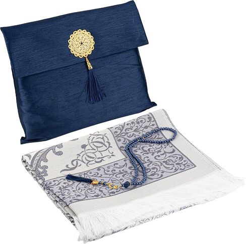 Modefa Islamic Prayer Mat Gift Set - Thin Travel Janamaz Sajadah in Taffeta Gift Bag with Tasbih Prayer Beads - Chenille Turkish Praying Carpet - Ramadan & Eid Gift Set (Black) in Saudi Arabia