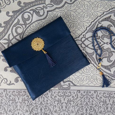 Modefa Islamic Prayer Mat Gift Set - Thin Travel Janamaz Sajadah in Taffeta Gift Bag with Tasbih Prayer Beads - Chenille Turkish Praying Carpet - Ramadan & Eid Gift Set (Black) in Saudi Arabia