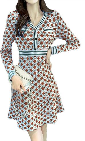 LAI MENG FIVE CATS Women's 2025 V-Neck Fall Casual Sweater Long Sleeve Button Down Knit A-line Mini Dress in Kuwait