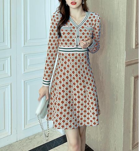 LAI MENG FIVE CATS Women's 2025 V-Neck Fall Casual Sweater Long Sleeve Button Down Knit A-line Mini Dress in Kuwait