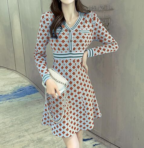 LAI MENG FIVE CATS Women's 2025 V-Neck Fall Casual Sweater Long Sleeve Button Down Knit A-line Mini Dress in Kuwait