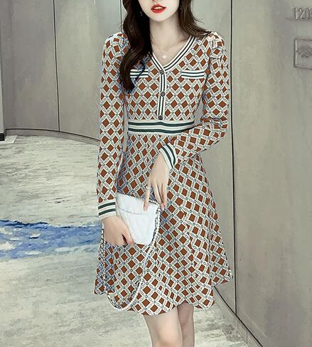 LAI MENG FIVE CATS Women's 2025 V-Neck Fall Casual Sweater Long Sleeve Button Down Knit A-line Mini Dress in Kuwait