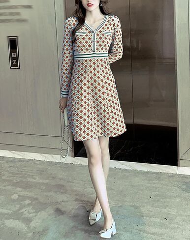 LAI MENG FIVE CATS Women's 2025 V-Neck Fall Casual Sweater Long Sleeve Button Down Knit A-line Mini Dress in Kuwait