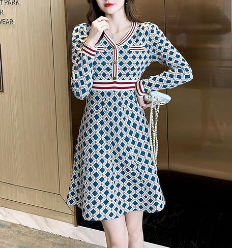 LAI MENG FIVE CATS Women's 2025 V-Neck Fall Casual Sweater Long Sleeve Button Down Knit A-line Mini Dress in Kuwait