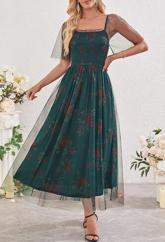 Merokeety للسيدات 2025 الصيف قصير الأكمام الزهري تول لباس مربع رقبة محفوظة الحفل حفل زفاف بوهو ماكسي فساتين in Kuwait