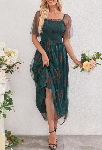 Merokeety للسيدات 2025 الصيف قصير الأكمام الزهري تول لباس مربع رقبة محفوظة الحفل حفل زفاف بوهو ماكسي فساتين in Kuwait