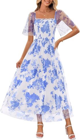 MEROKEETY Women's 2025 Summer Short Sleeve Floral Tulle Dress Square Neck Smocked Party Wedding Boho Maxi Dresses in Saudi Arabia