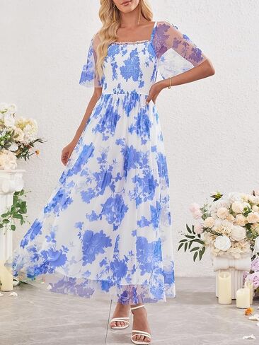 MEROKEETY Women's 2025 Summer Short Sleeve Floral Tulle Dress Square Neck Smocked Party Wedding Boho Maxi Dresses in Saudi Arabia