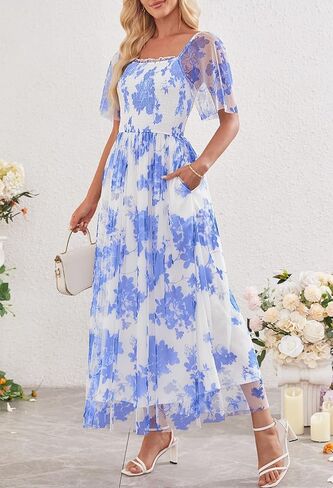 MEROKEETY Women's 2025 Summer Short Sleeve Floral Tulle Dress Square Neck Smocked Party Wedding Boho Maxi Dresses in Saudi Arabia