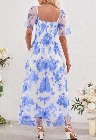 MEROKEETY Women's 2025 Summer Short Sleeve Floral Tulle Dress Square Neck Smocked Party Wedding Boho Maxi Dresses in Saudi Arabia