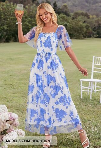 MEROKEETY Women's 2025 Summer Short Sleeve Floral Tulle Dress Square Neck Smocked Party Wedding Boho Maxi Dresses in Saudi Arabia