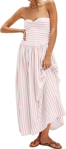 Striped Tube Top Beach Dresses for Women Strapless Pleated Flowy Maxi Dress Summer Party Midi Dresses in Saudi Arabia