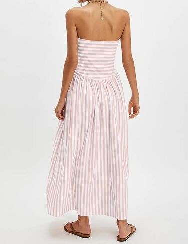Striped Tube Top Beach Dresses for Women Strapless Pleated Flowy Maxi Dress Summer Party Midi Dresses in Saudi Arabia