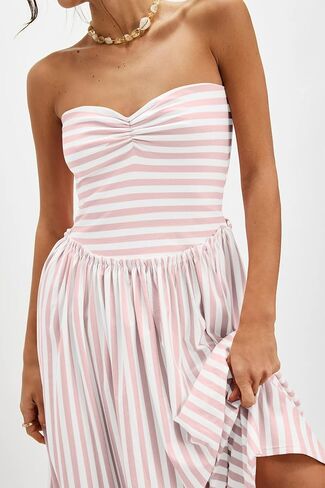 Striped Tube Top Beach Dresses for Women Strapless Pleated Flowy Maxi Dress Summer Party Midi Dresses in Saudi Arabia