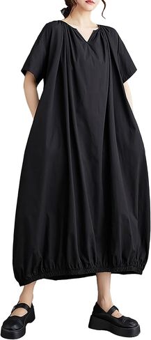 ellazhu Women's Dress Short Sleeve V Neck Below Knee Solid Color Oversize Loose Casual Summer GZ236 in Saudi Arabia