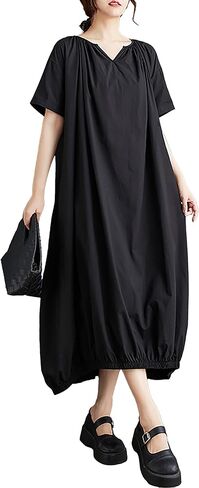 ellazhu Women's Dress Short Sleeve V Neck Below Knee Solid Color Oversize Loose Casual Summer GZ236 in Saudi Arabia